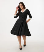 Unique Vintage Black & White Pin Dot Shirt Dress - Unique Vintage - Womens, DRESSES, SWING