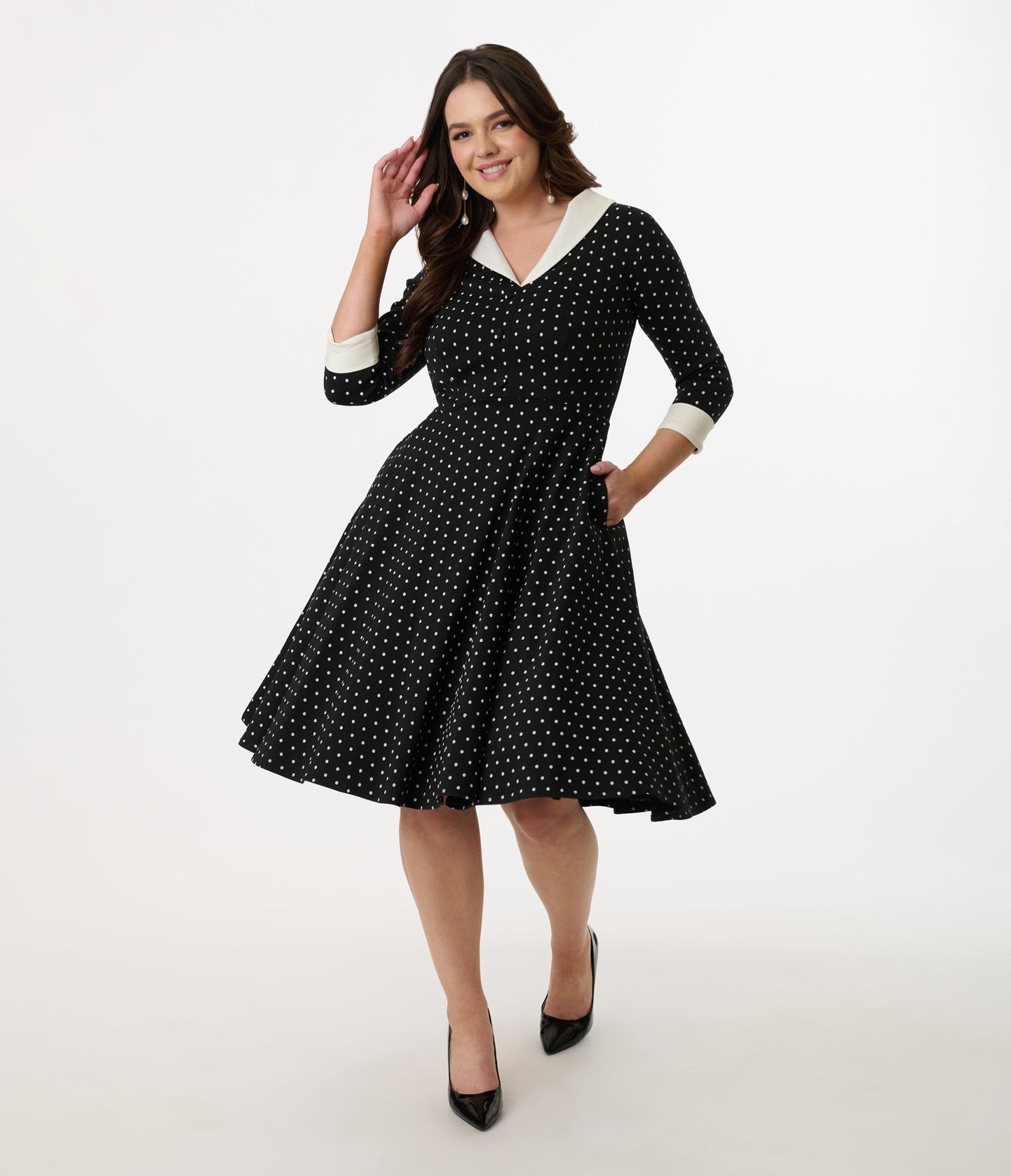 Unique Vintage Black & White Pin Dot Shirt Dress - Unique Vintage - Womens, DRESSES, SWING