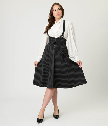 Unique Vintage Black & White Pin Stripe Suspender Swing Skirt - Unique Vintage - Womens, BOTTOMS, SKIRTS