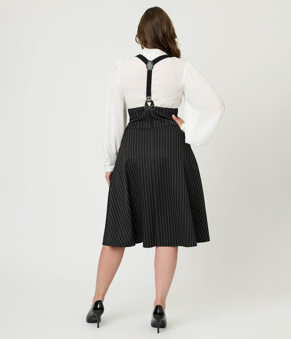 Unique Vintage Black & White Pin Stripe Suspender Swing Skirt - Unique Vintage - Womens, BOTTOMS, SKIRTS