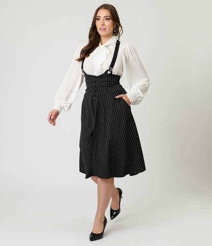 Unique Vintage Black & White Pin Stripe Suspender Swing Skirt - Unique Vintage - Womens, BOTTOMS, SKIRTS