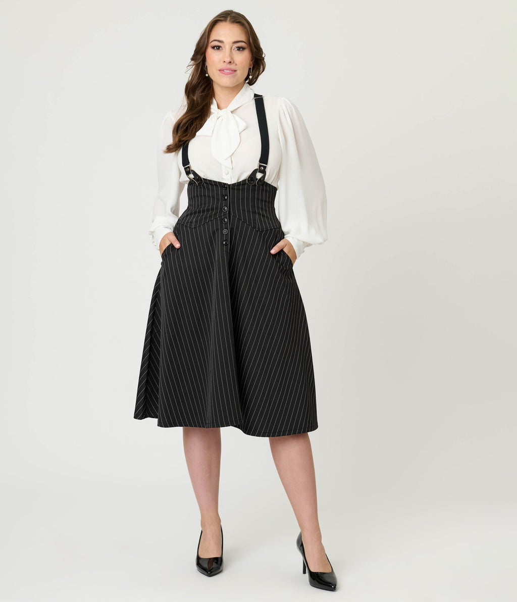 Unique Vintage Black & White Pin Stripe Suspender Swing Skirt - Unique Vintage - Womens, BOTTOMS, SKIRTS