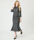 Unique Vintage Black & White Plaid Boucle Peplum Jacket - Unique Vintage - Womens, TOPS, OUTERWEAR
