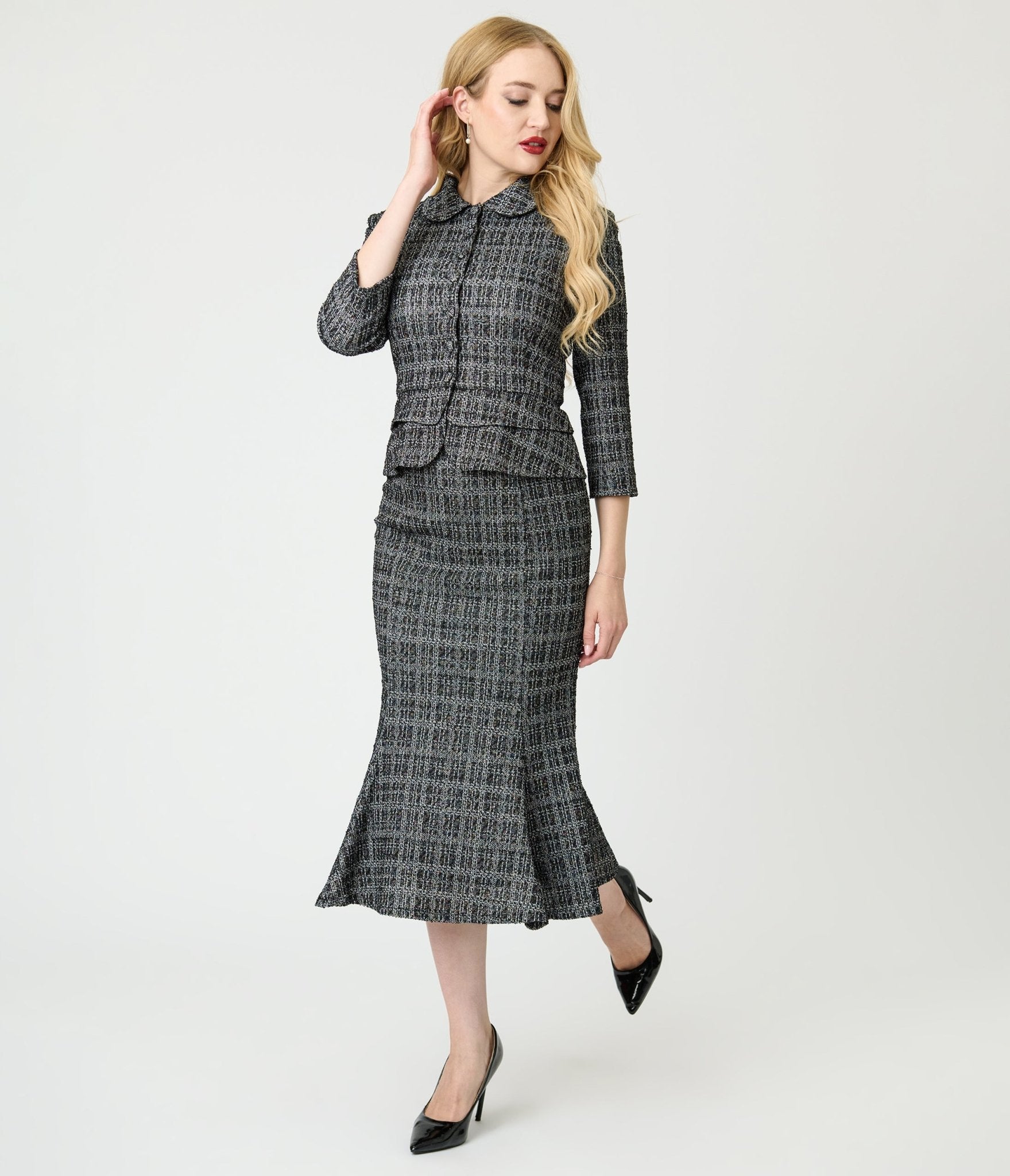 Unique Vintage Black & White Plaid Boucle Peplum Jacket - Unique Vintage - Womens, TOPS, OUTERWEAR