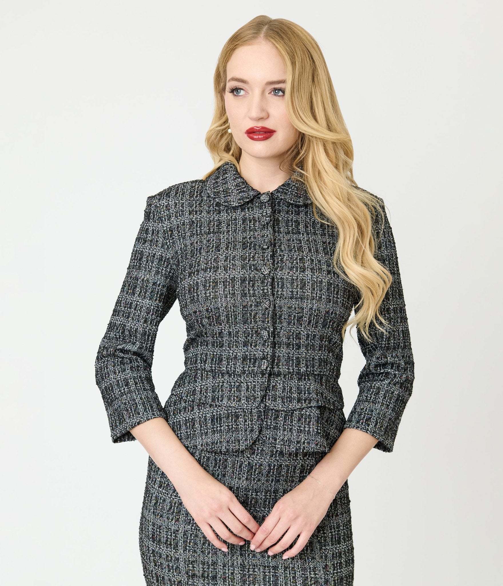 Unique Vintage Black & White Plaid Boucle Peplum Jacket - Unique Vintage - Womens, TOPS, OUTERWEAR