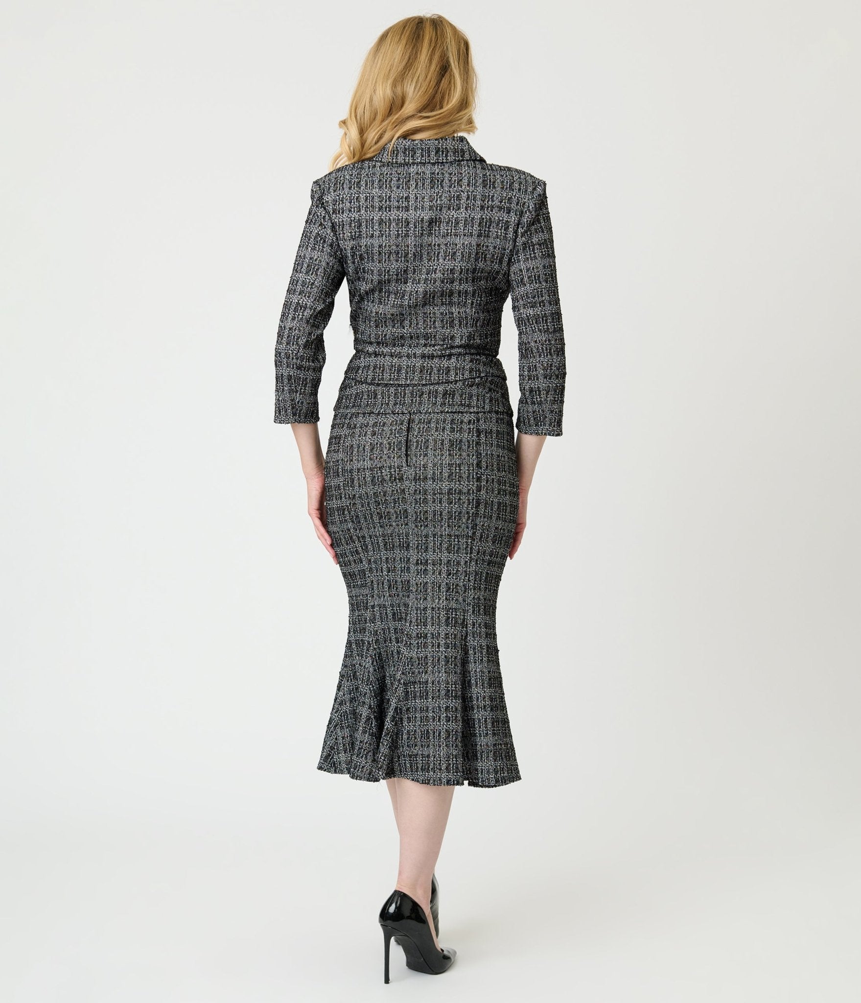 Unique Vintage Black & White Plaid Boucle Trumpet Skirt - Unique Vintage - Womens, BOTTOMS, SKIRTS