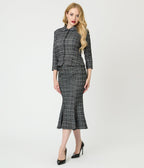 Unique Vintage Black & White Plaid Boucle Trumpet Skirt - Unique Vintage - Womens, BOTTOMS, SKIRTS