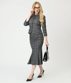 Unique Vintage Black & White Plaid Boucle Trumpet Skirt - Unique Vintage - Womens, BOTTOMS, SKIRTS
