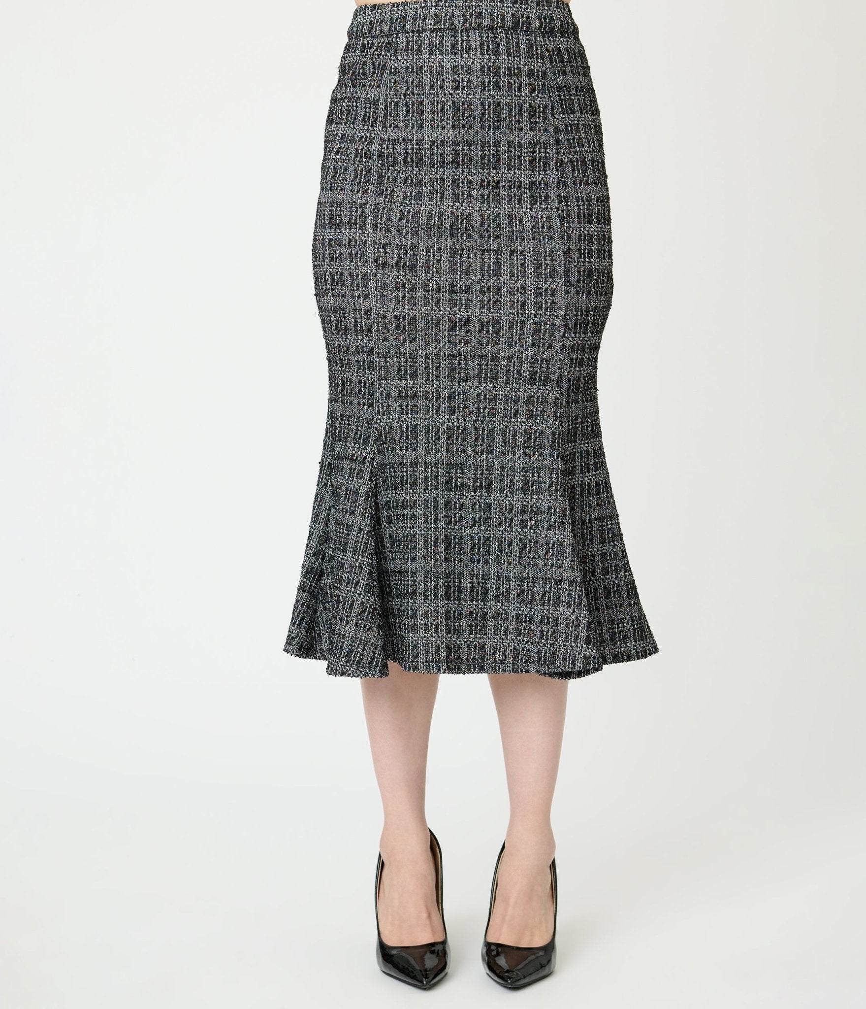 Unique Vintage Black & White Plaid Boucle Trumpet Skirt