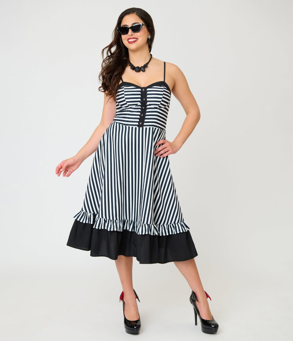 Unique Vintage Black & White Stripe Sweetheart Betty Swing Dress - Unique Vintage - Womens, DRESSES, SWING