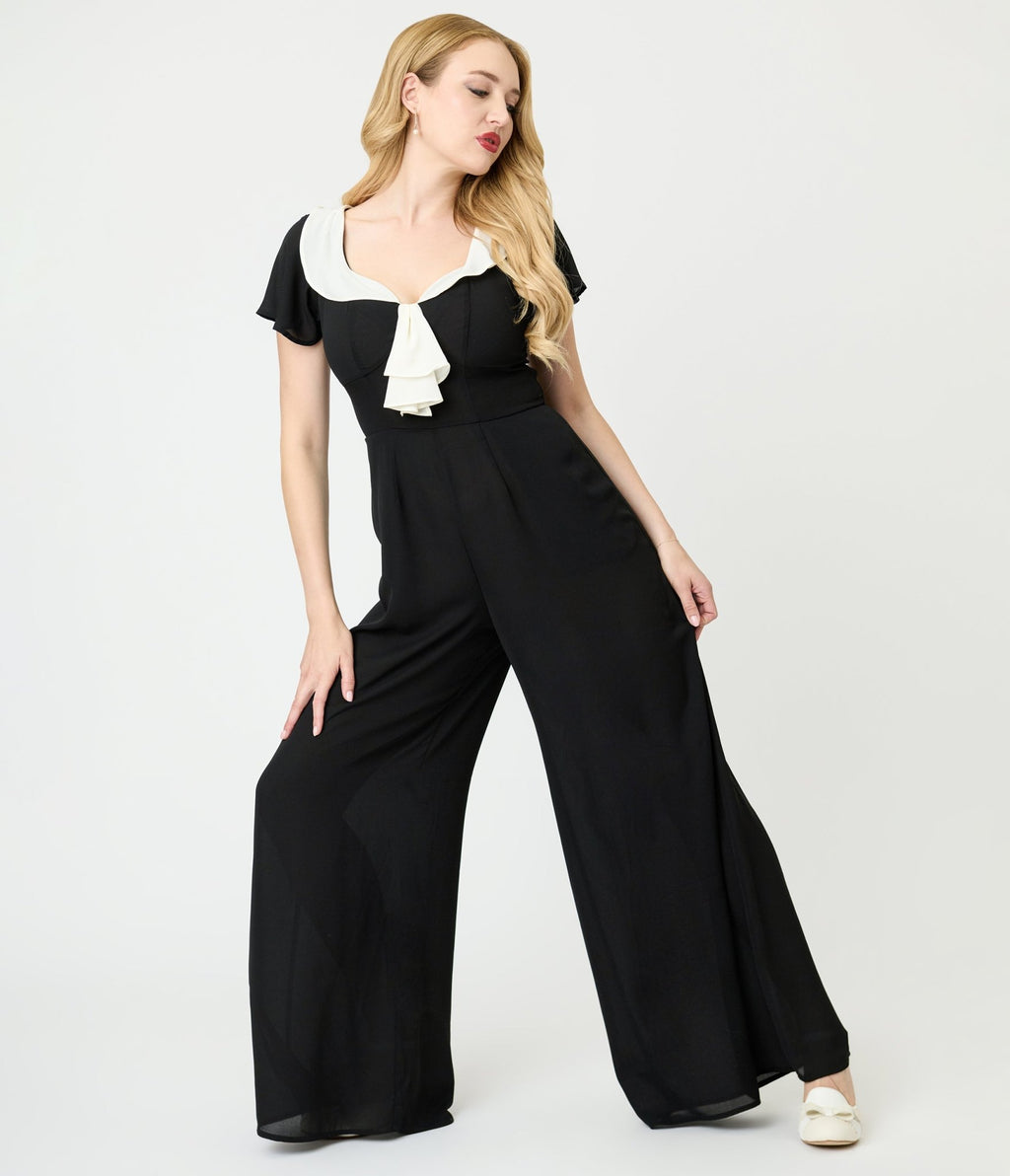 Unique Vintage Black Wide Leg Jumpsuit - Unique Vintage - Womens, BOTTOMS, ROMPERS AND JUMPSUITS