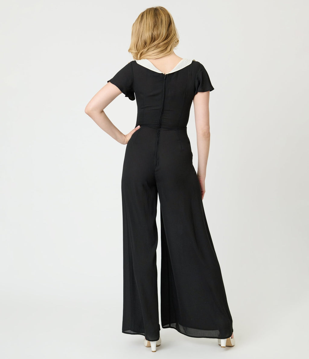Unique Vintage Black Wide Leg Jumpsuit - Unique Vintage - Womens, BOTTOMS, ROMPERS AND JUMPSUITS