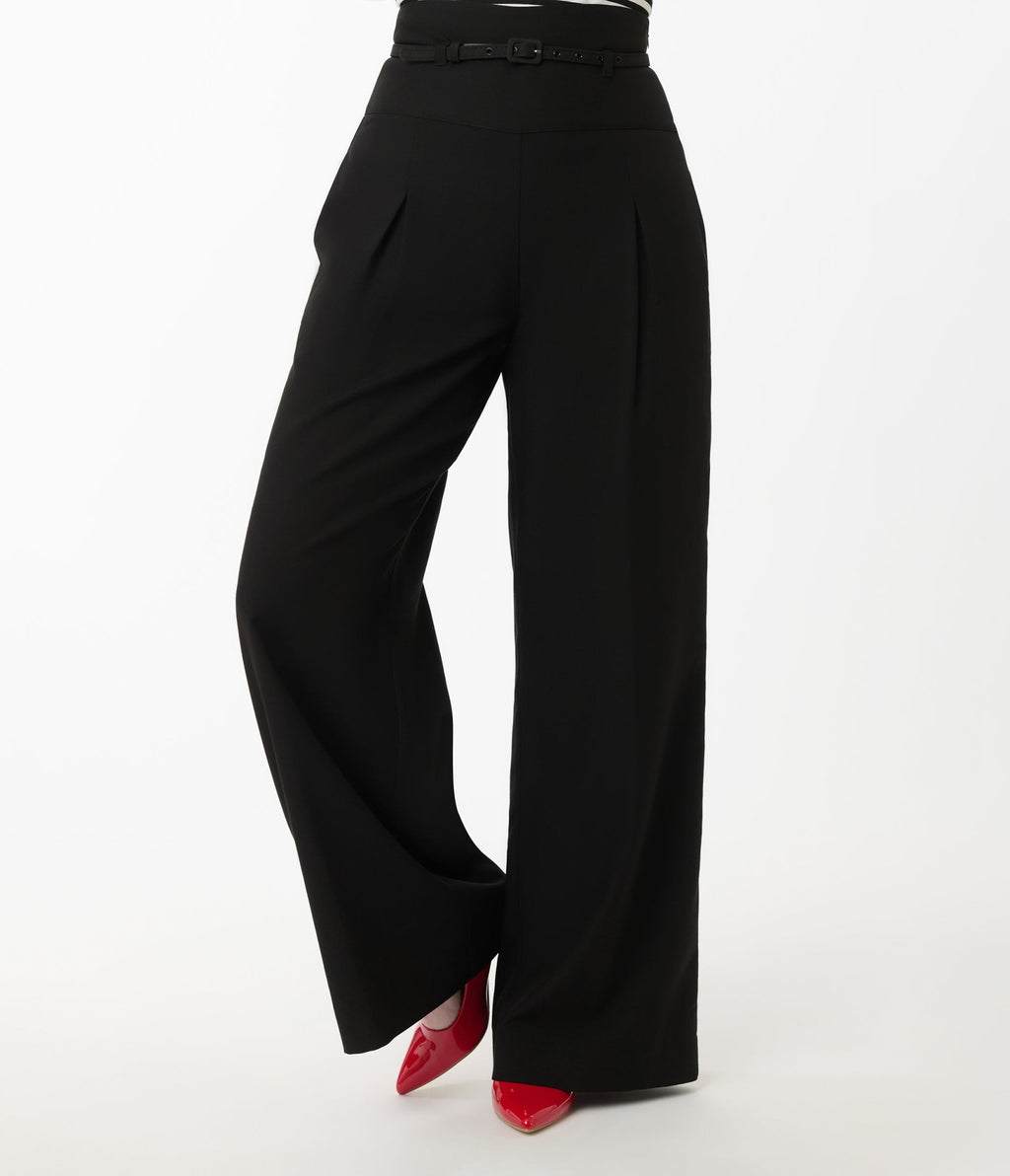 Unique Vintage Black Wide Leg Pleated Pants - Unique Vintage - Womens, BOTTOMS, PANTS