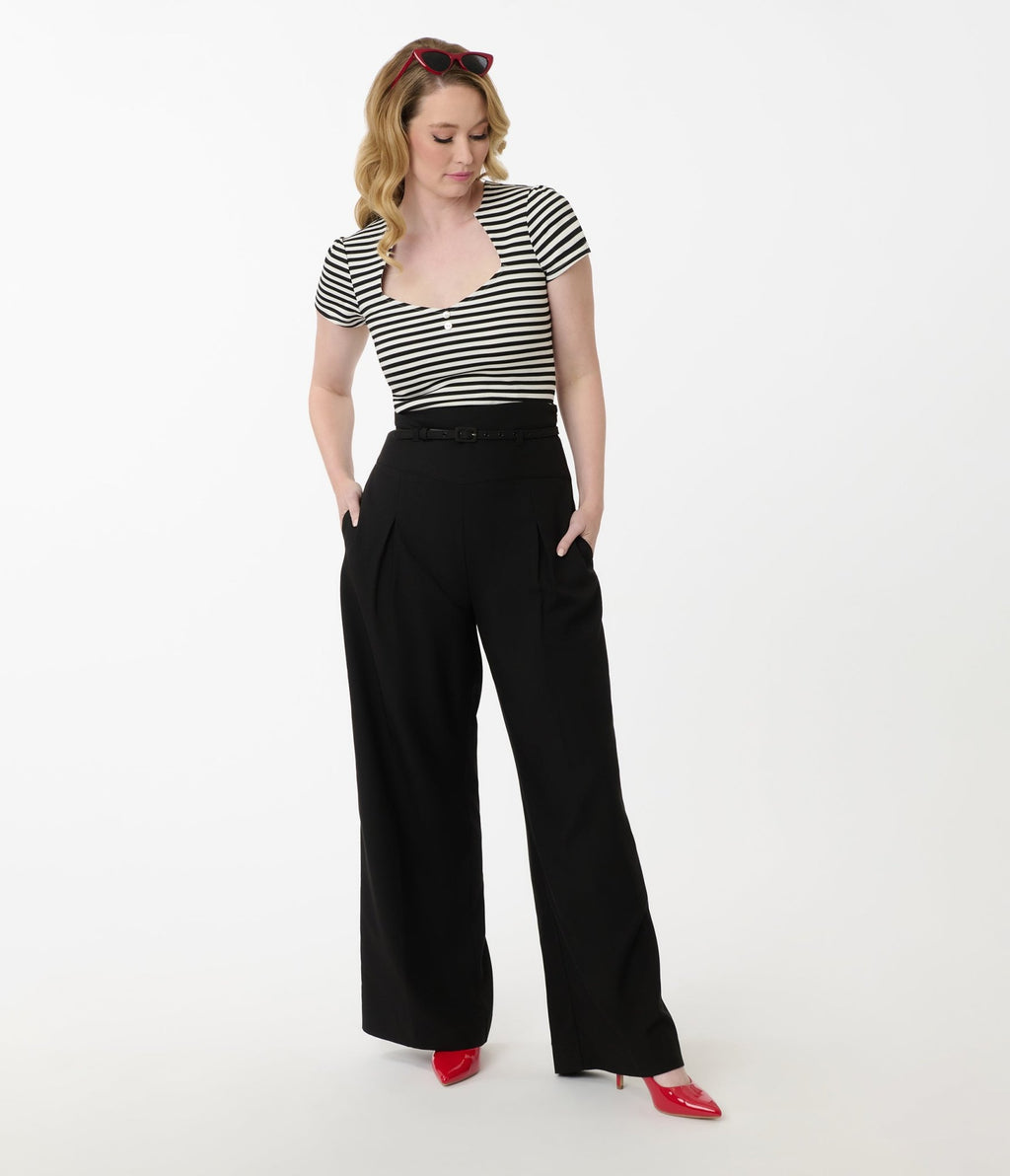 Unique Vintage Black Wide Leg Pleated Pants - Unique Vintage - Womens, BOTTOMS, PANTS