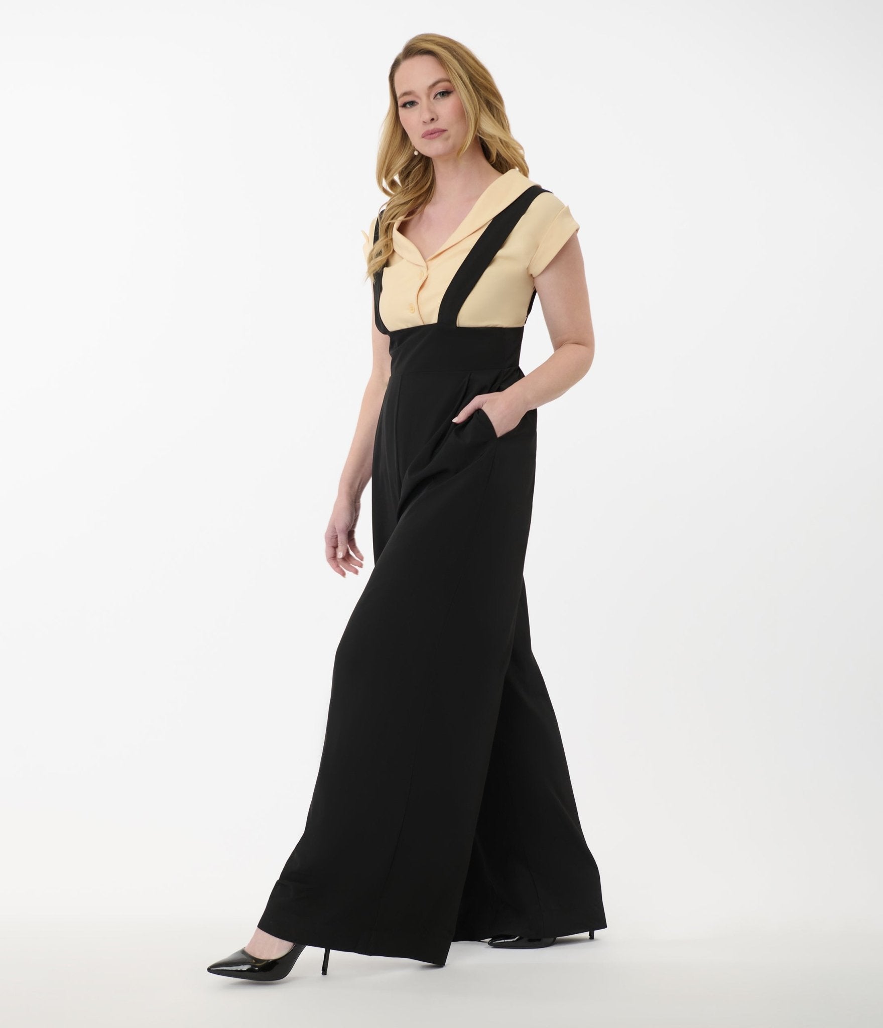 Unique Vintage Black Wide Leg Rochelle Suspender Pants - Unique Vintage - Womens, BOTTOMS, PANTS