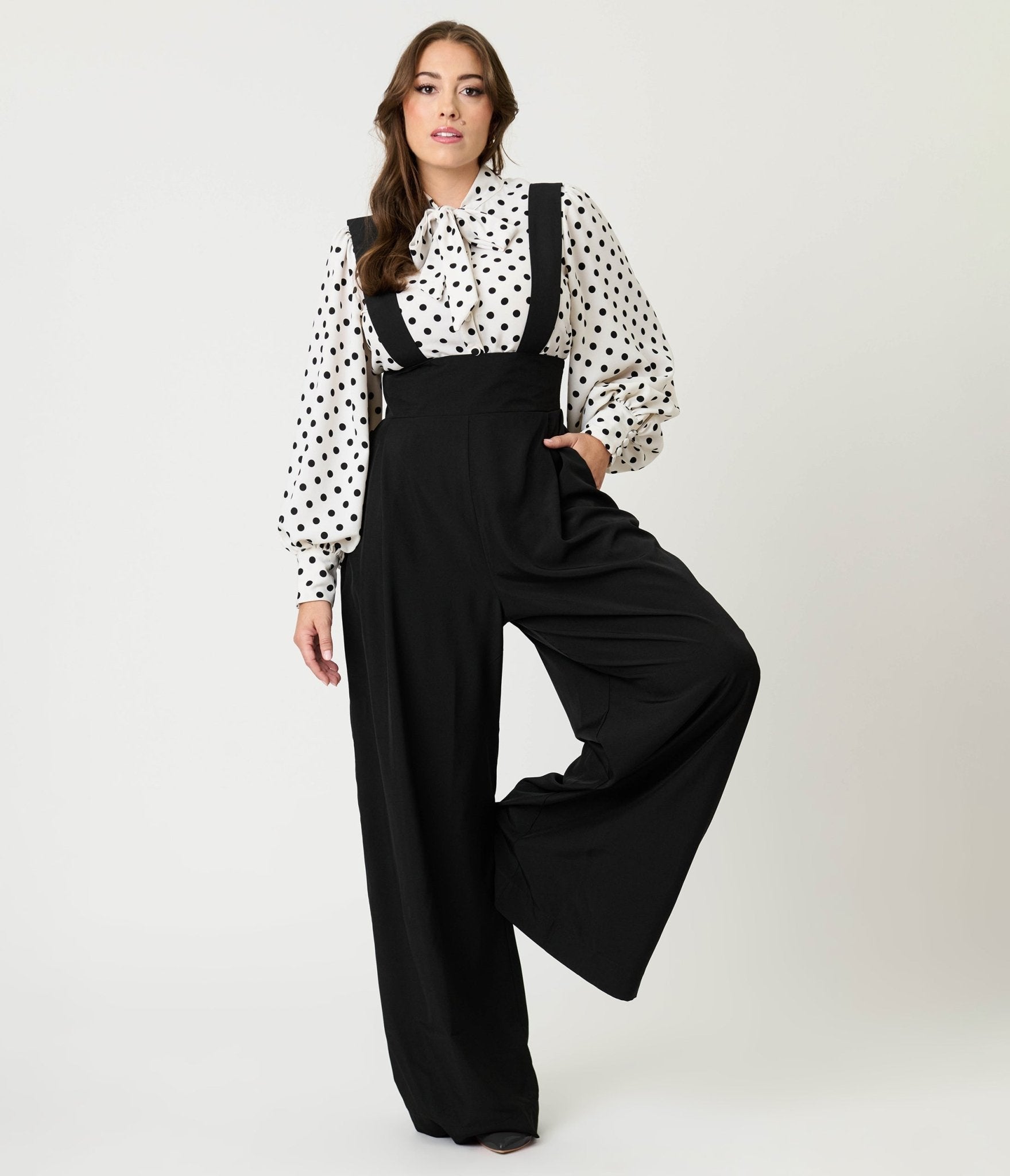 Unique Vintage Black Wide Leg Rochelle Suspender Pants - Unique Vintage - Womens, BOTTOMS, PANTS