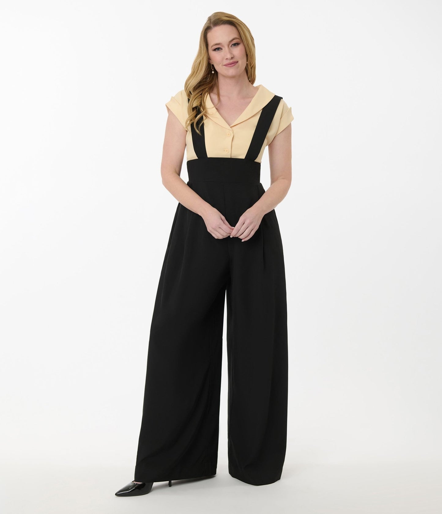 Unique Vintage Black Wide Leg Rochelle Suspender Pants - Unique Vintage - Womens, BOTTOMS, PANTS