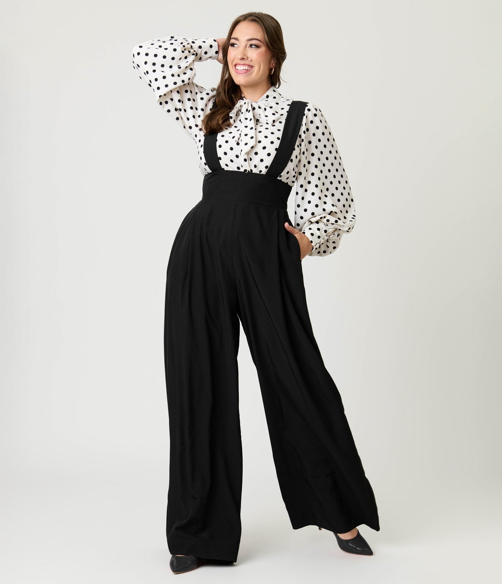 Unique Vintage Black Wide Leg Rochelle Suspender Pants - Unique Vintage - Womens, BOTTOMS, PANTS