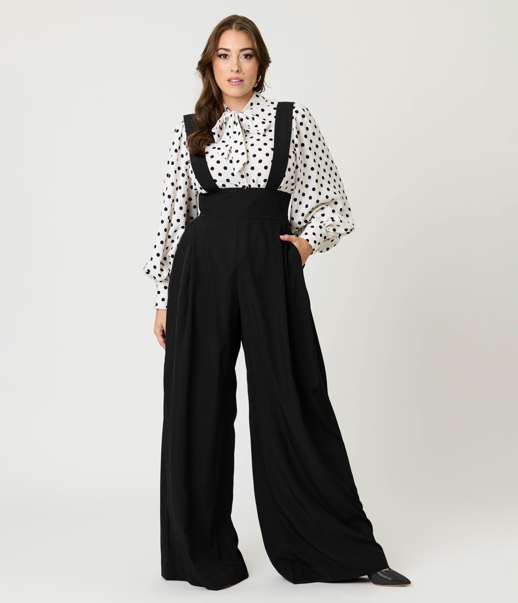 Unique Vintage Black Wide Leg Rochelle Suspender Pants - Unique Vintage - Womens, BOTTOMS, PANTS