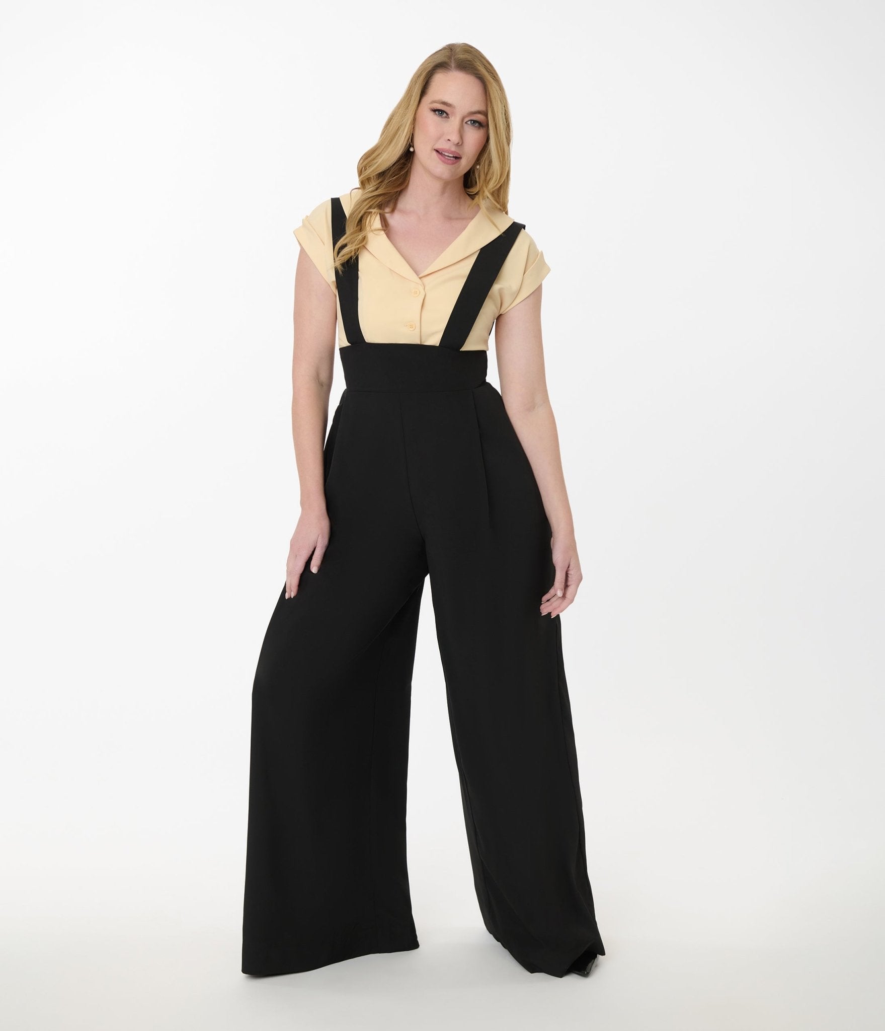 Unique Vintage Black Wide Leg Rochelle Suspender Pants - Unique Vintage - Womens, BOTTOMS, PANTS