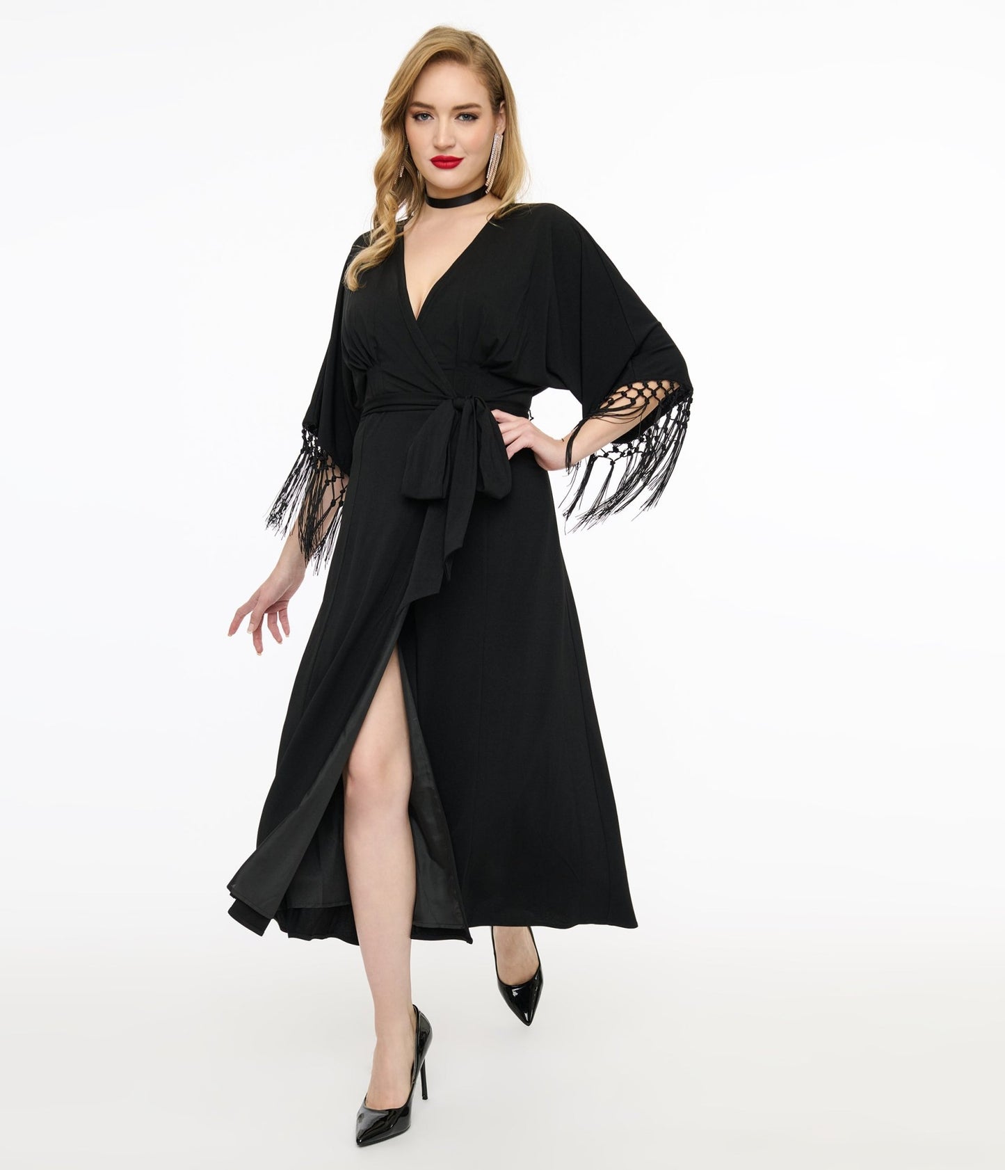 Unique Vintage Black Wrap Midi Dress - Unique Vintage - Womens, DRESSES, MIDI