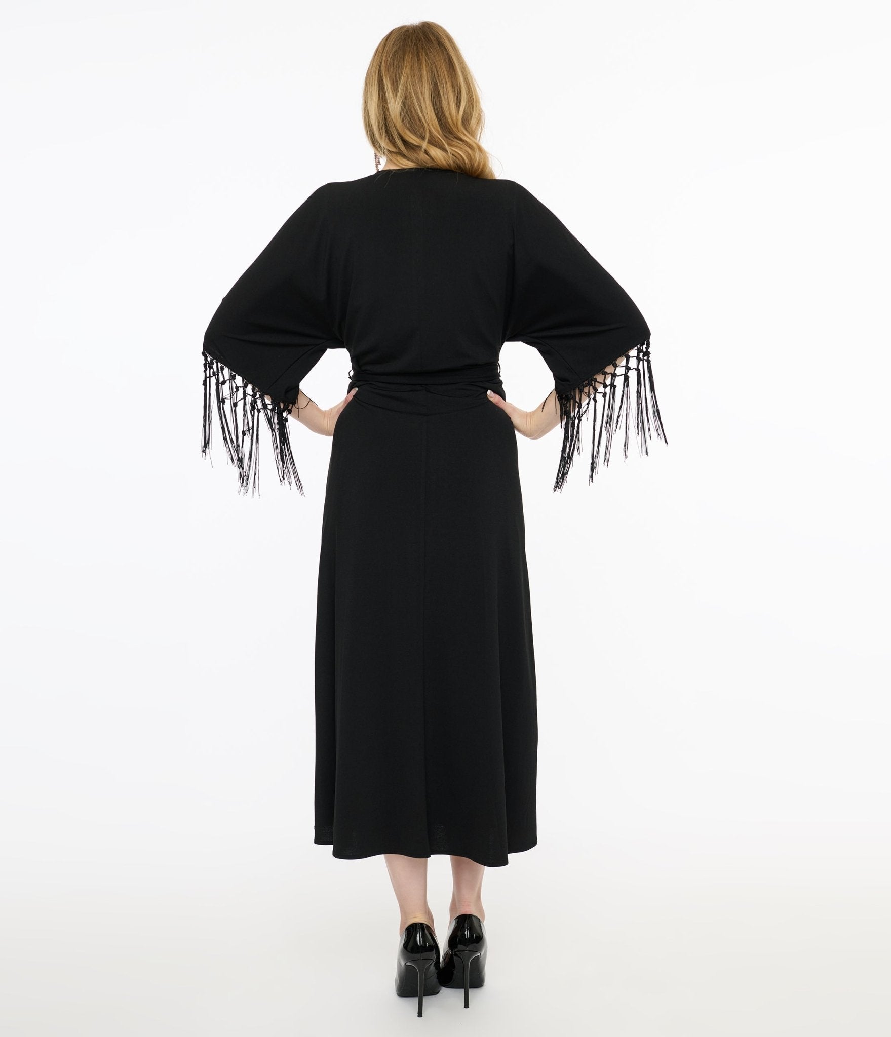 Unique Vintage Black Wrap Midi Dress - Unique Vintage - Womens, DRESSES, MIDI