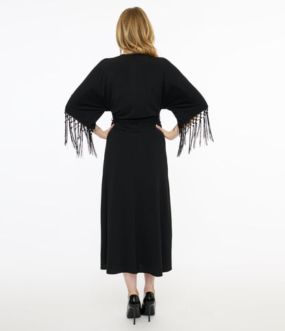 Unique Vintage Black Wrap Midi Dress - Unique Vintage - Womens, DRESSES, MIDI