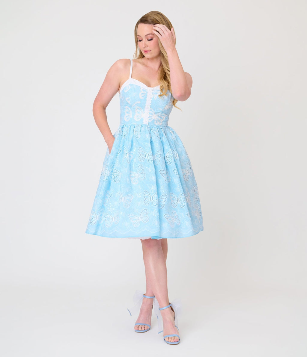 Unique Vintage Blue Butterfly Eyelet Swing Dress - Unique Vintage - Womens, DRESSES, SWING
