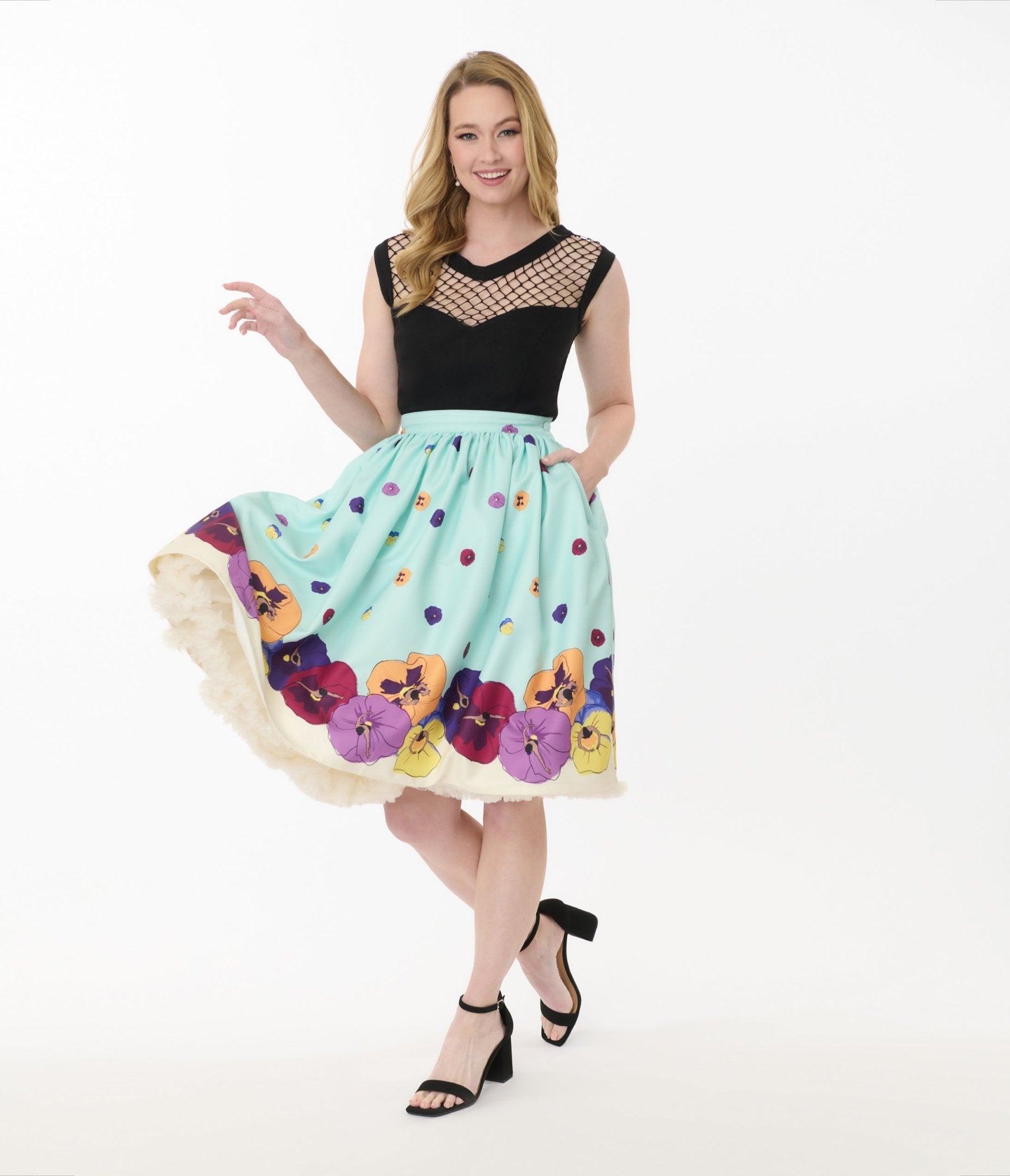 Unique Vintage Blue Dancing Pansies Gellar Swing Skirt - Unique Vintage - Womens, BOTTOMS, SKIRTS