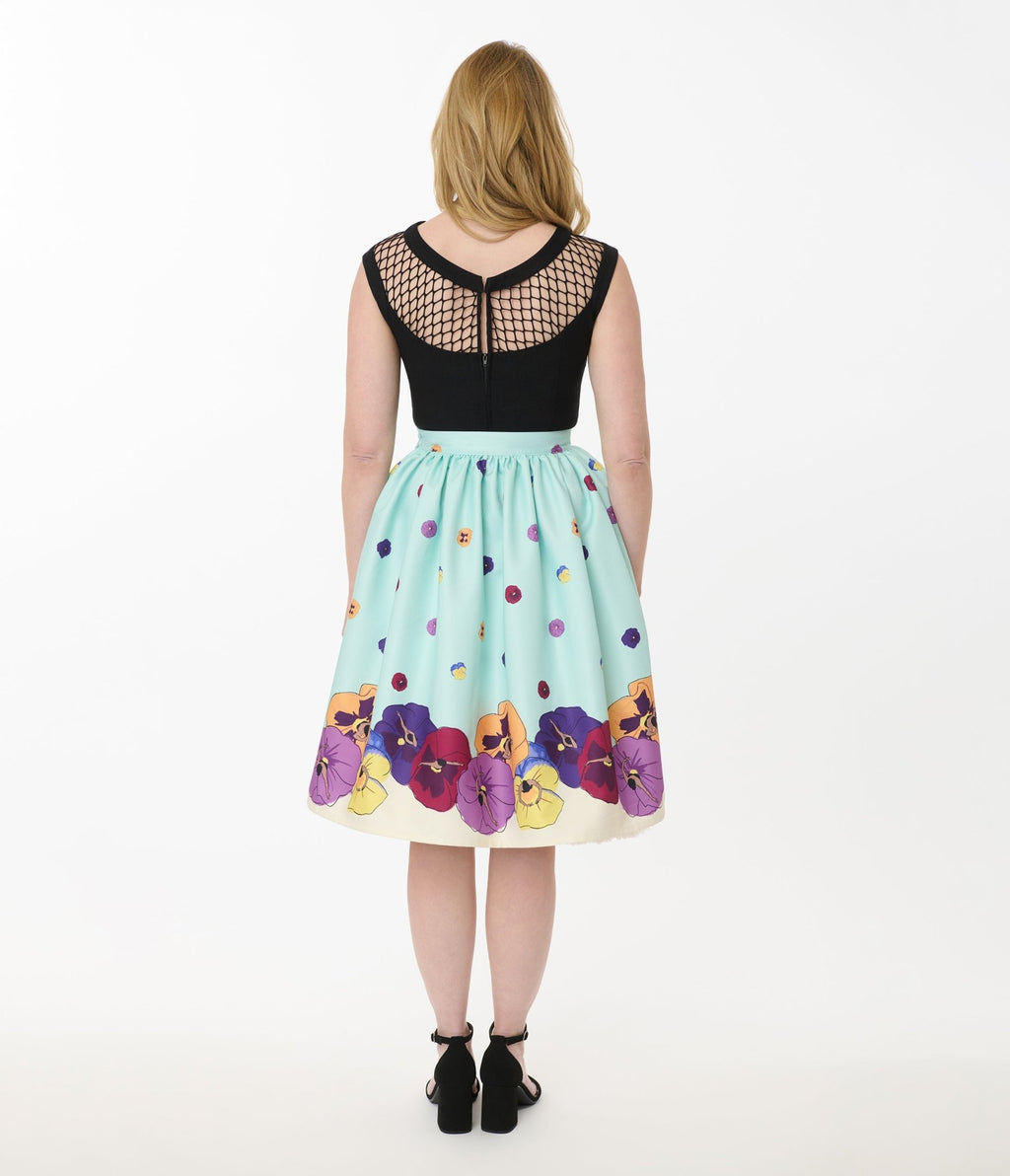Unique Vintage Blue Dancing Pansies Gellar Swing Skirt - Unique Vintage - Womens, BOTTOMS, SKIRTS