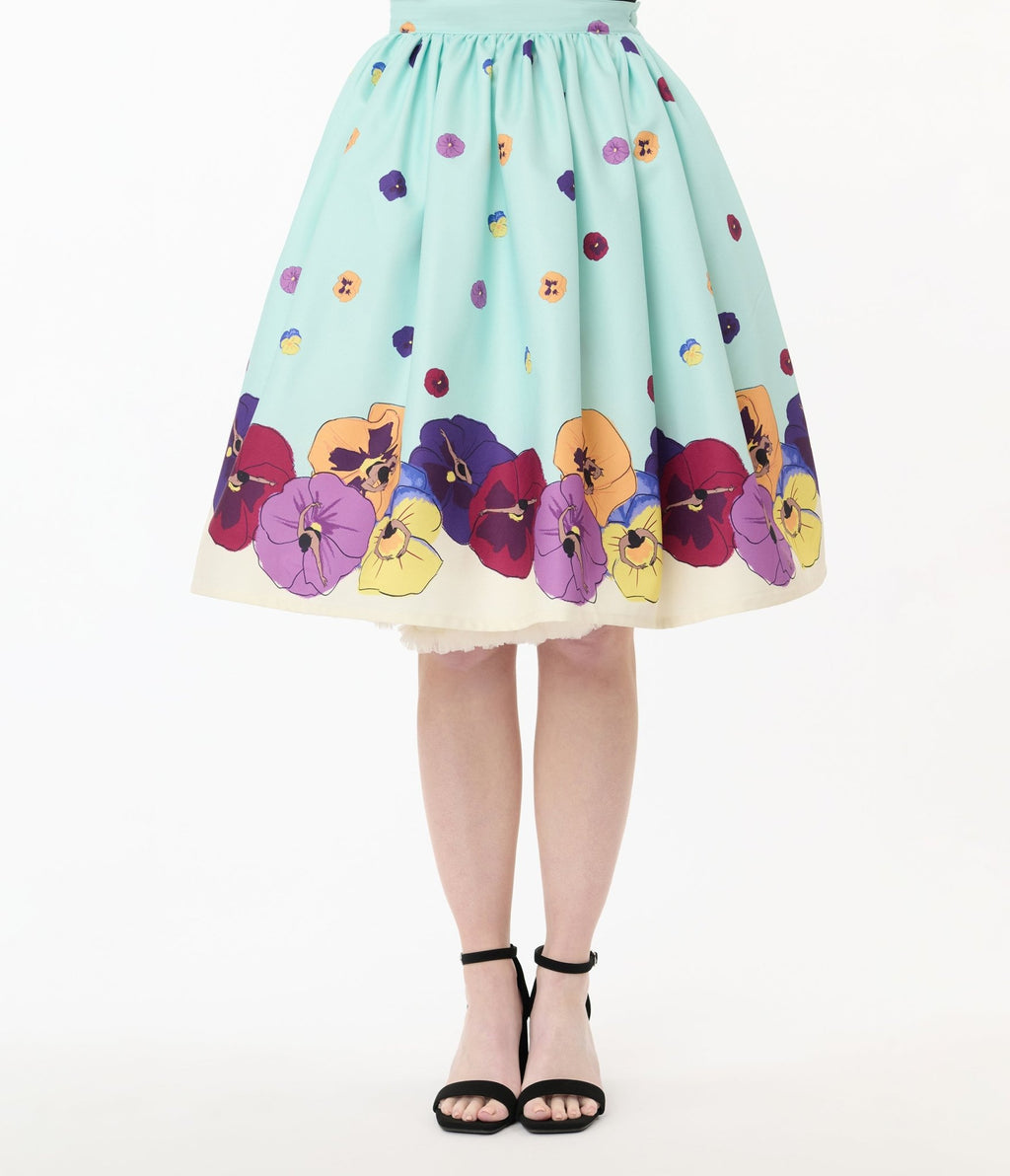 Unique Vintage Blue Dancing Pansies Gellar Swing Skirt - Unique Vintage - Womens, BOTTOMS, SKIRTS