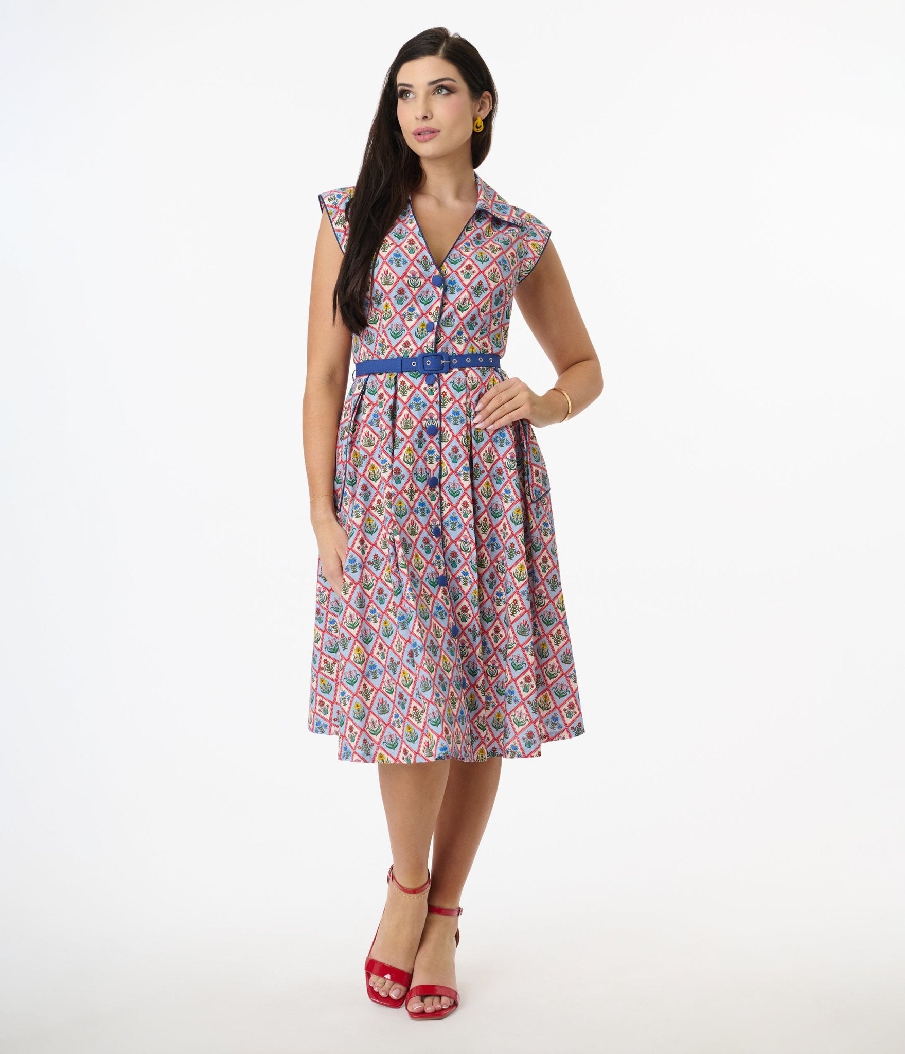 Unique Vintage Blue Diamond Floral Shirt Swing Dress - Unique Vintage - Womens, DRESSES, SWING