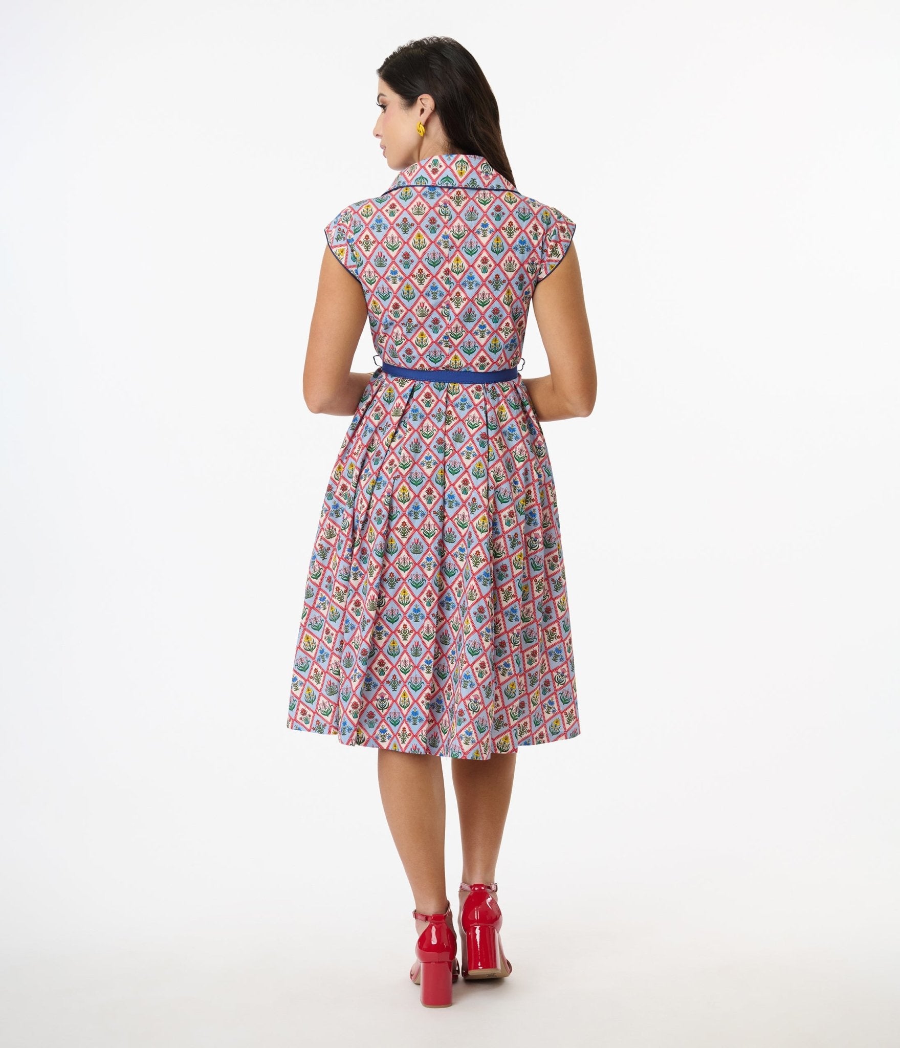 Unique Vintage Blue Diamond Floral Shirt Swing Dress - Unique Vintage - Womens, DRESSES, SWING