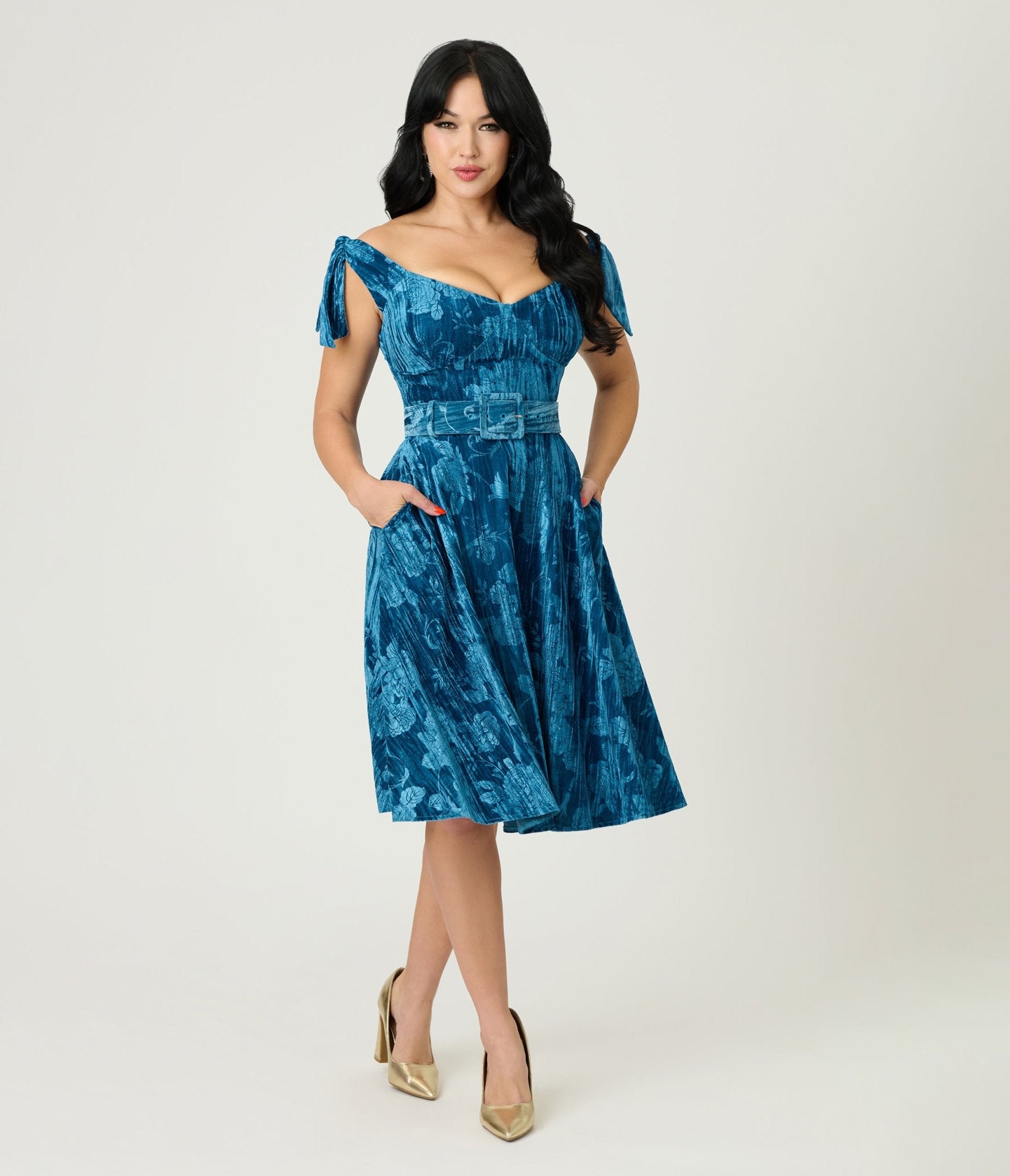 Unique Vintage Blue Floral Embossed Velvet Prairie Swing Dress