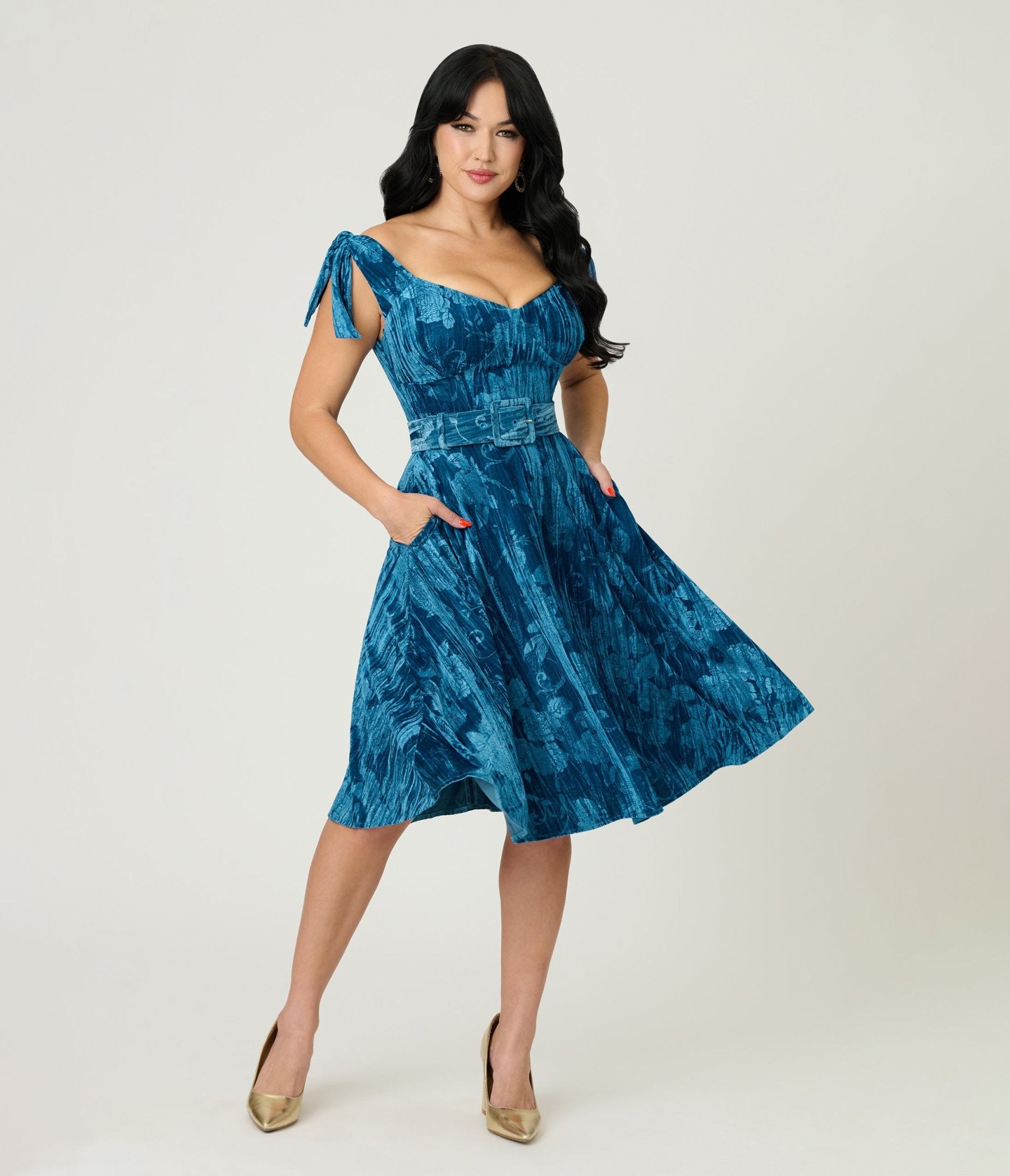 Unique Vintage Blue Floral Embossed Velvet Prairie Swing Dress - Unique Vintage - Womens, DRESSES, SWING