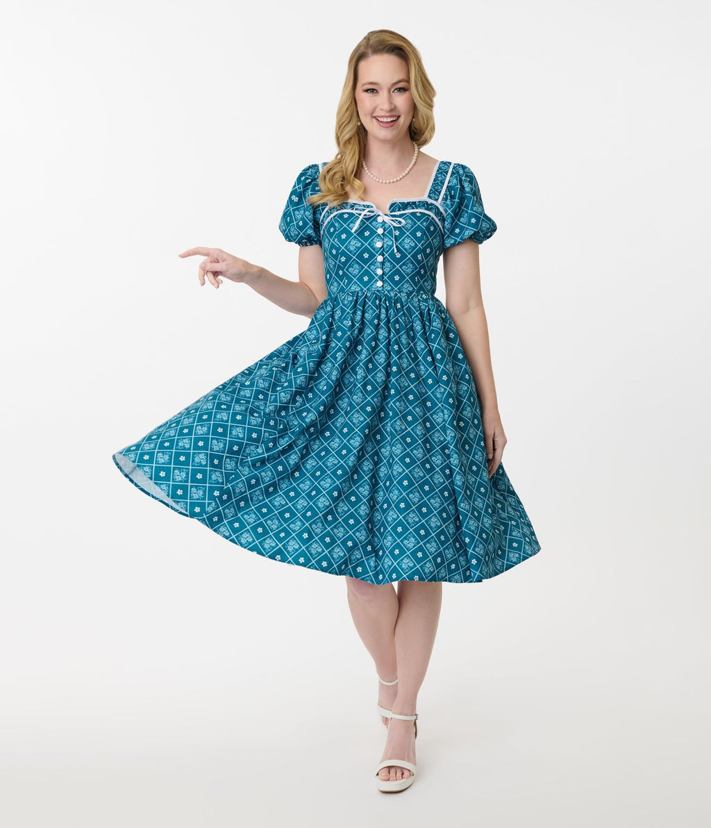 Unique Vintage Blue French Country Diamond Button Front Dress