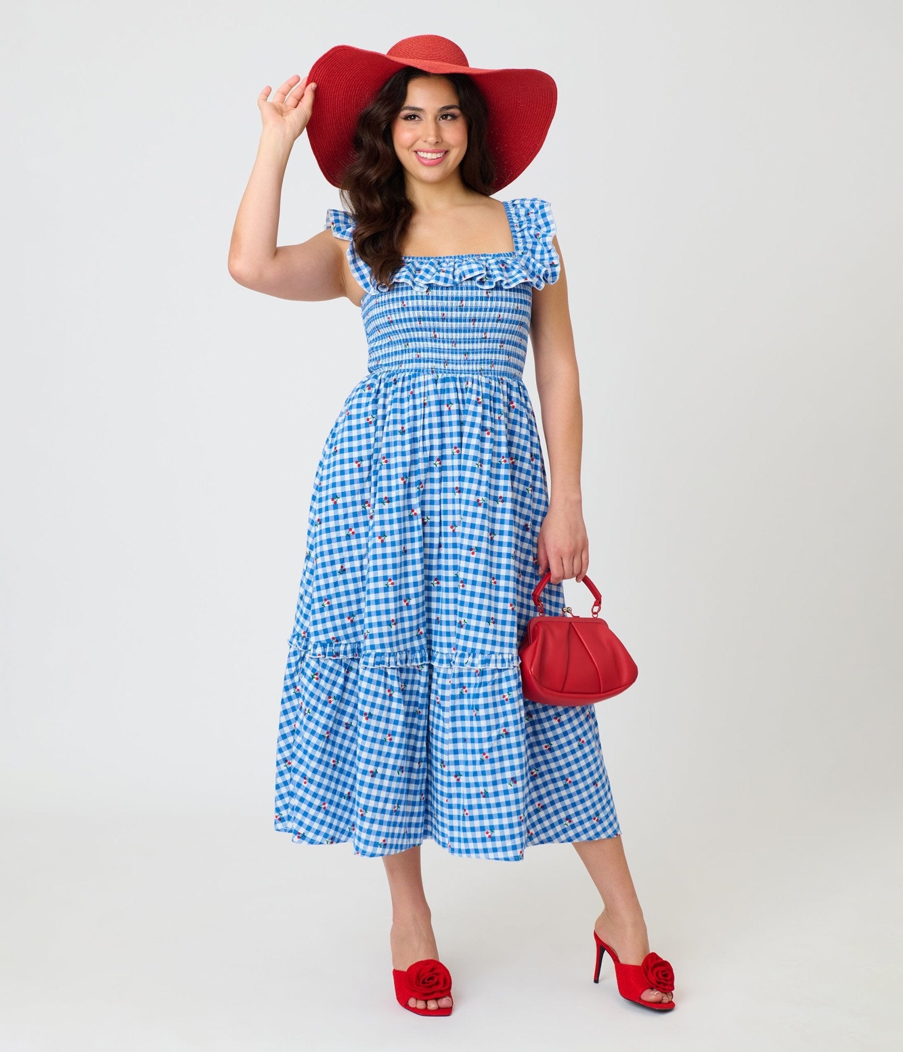 Unique Vintage Blue Gingham & Cherries Midi Dress