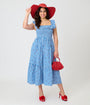 Unique Vintage Blue Gingham & Cherries Midi Dress