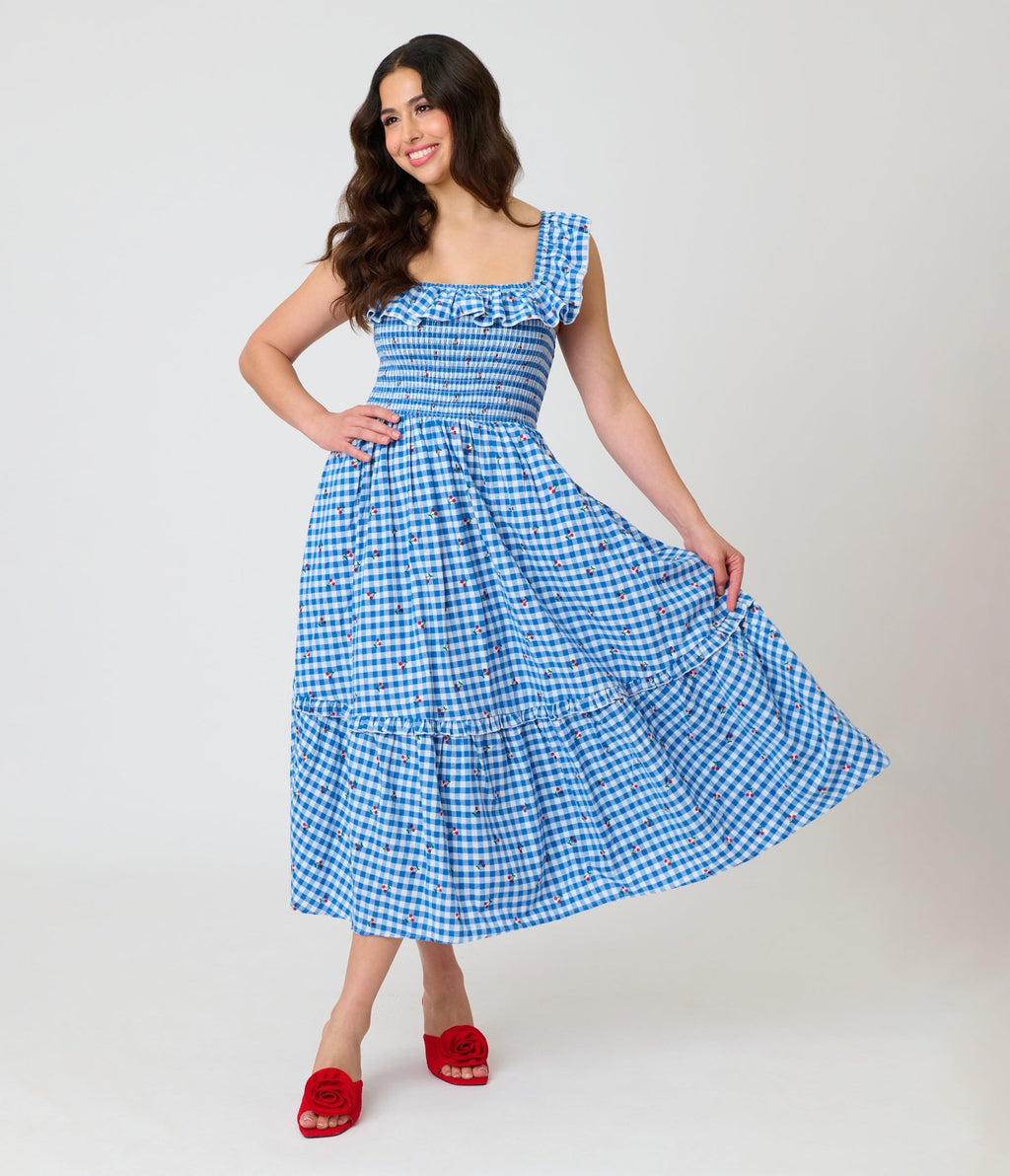 old navy gingham dress Unique Vintage Blue Gingham & Cherries Midi Dress XL/14-16