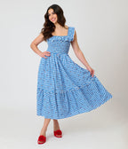 Unique Vintage Blue Gingham & Cherries Midi Dress - Unique Vintage - Womens, DRESSES, MIDI