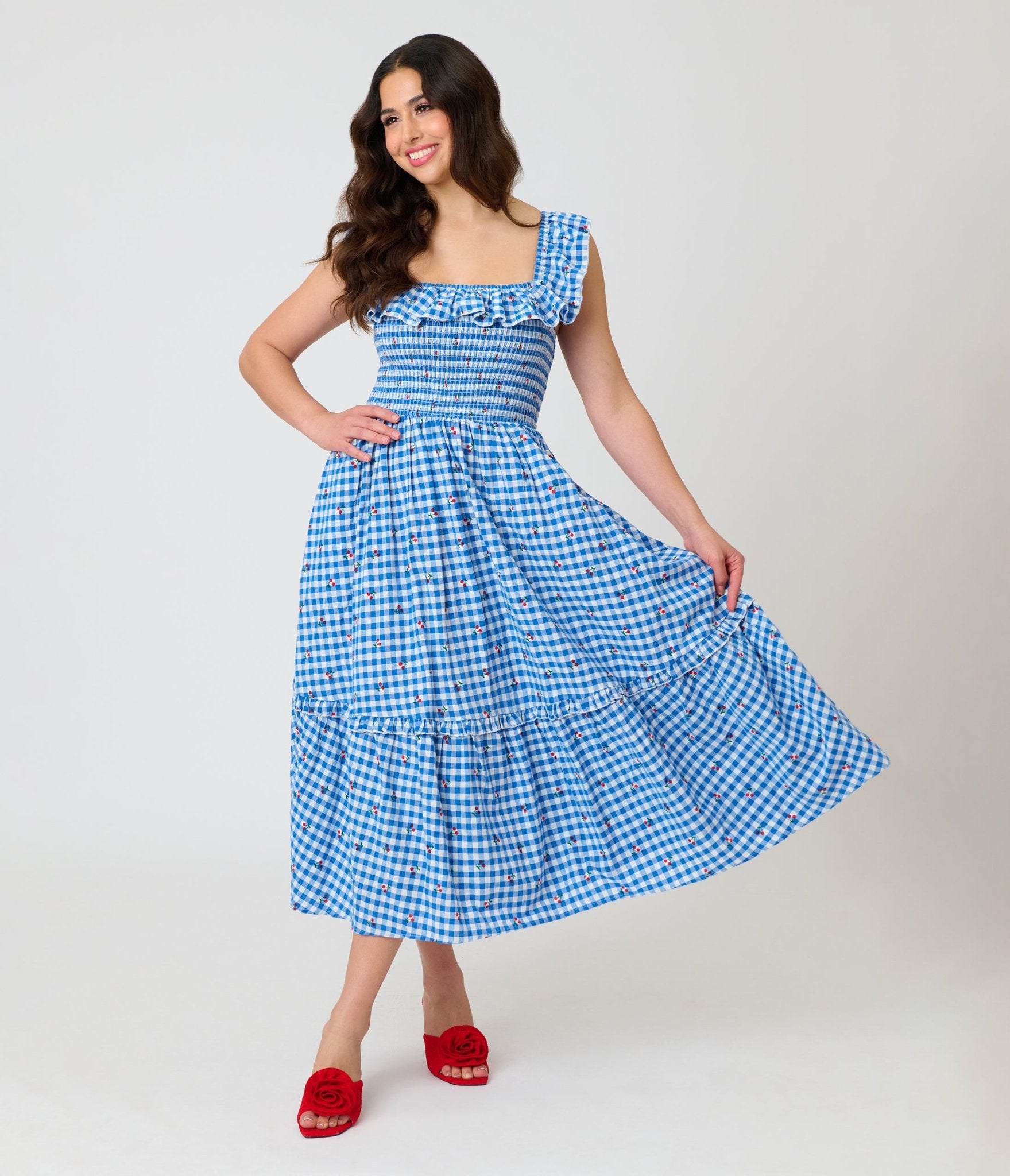 Unique Vintage Blue Gingham & Cherries Midi Dress - Unique Vintage - Womens, DRESSES, MIDI