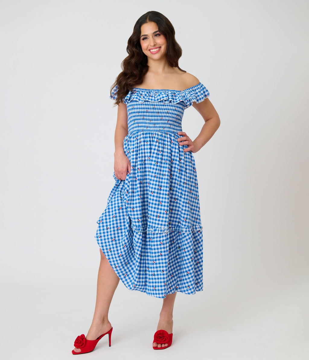 Unique Vintage Blue Gingham & Cherries Midi Dress