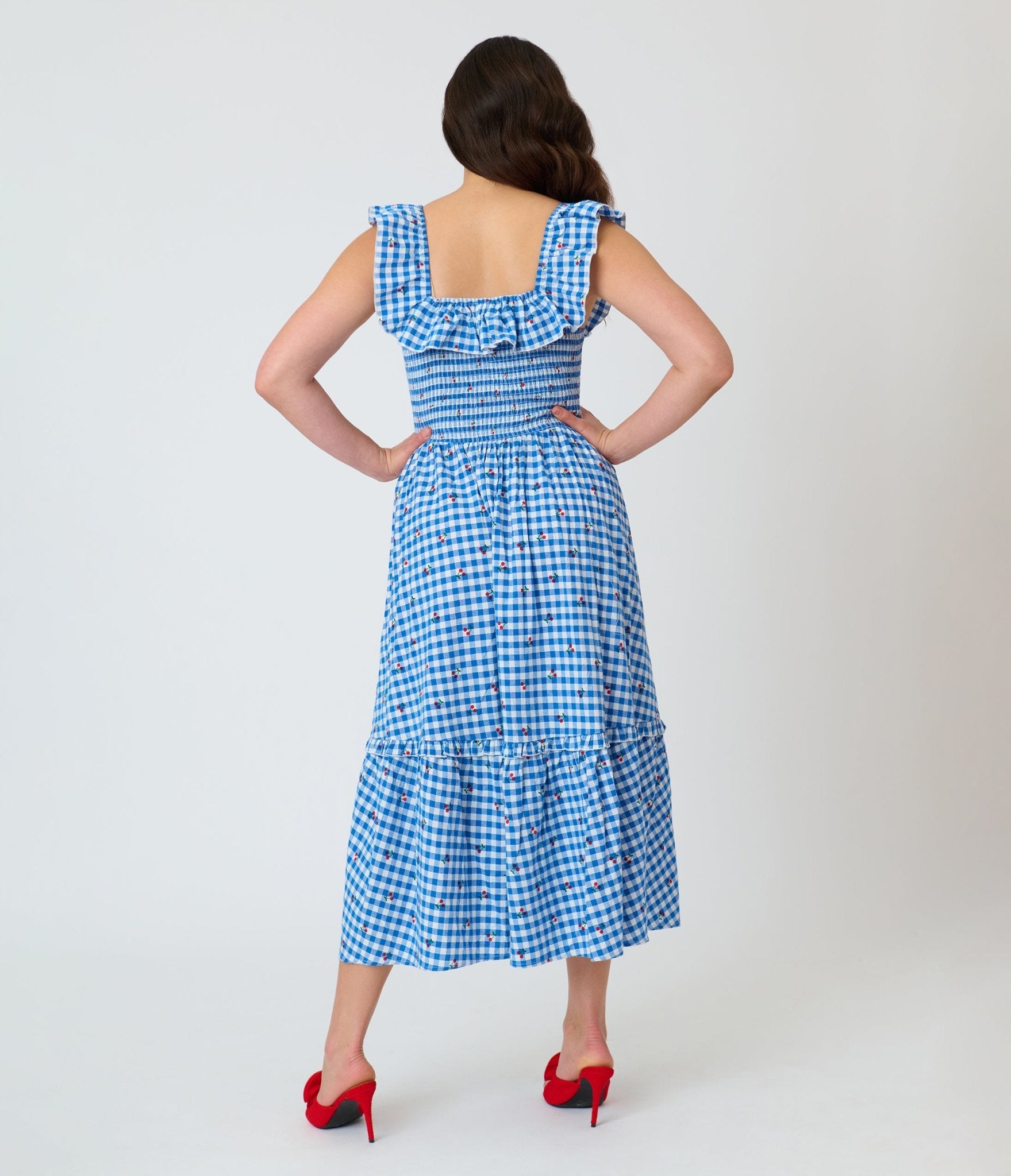 Unique Vintage Blue Gingham & Cherries Midi Dress - Unique Vintage - Womens, DRESSES, MIDI