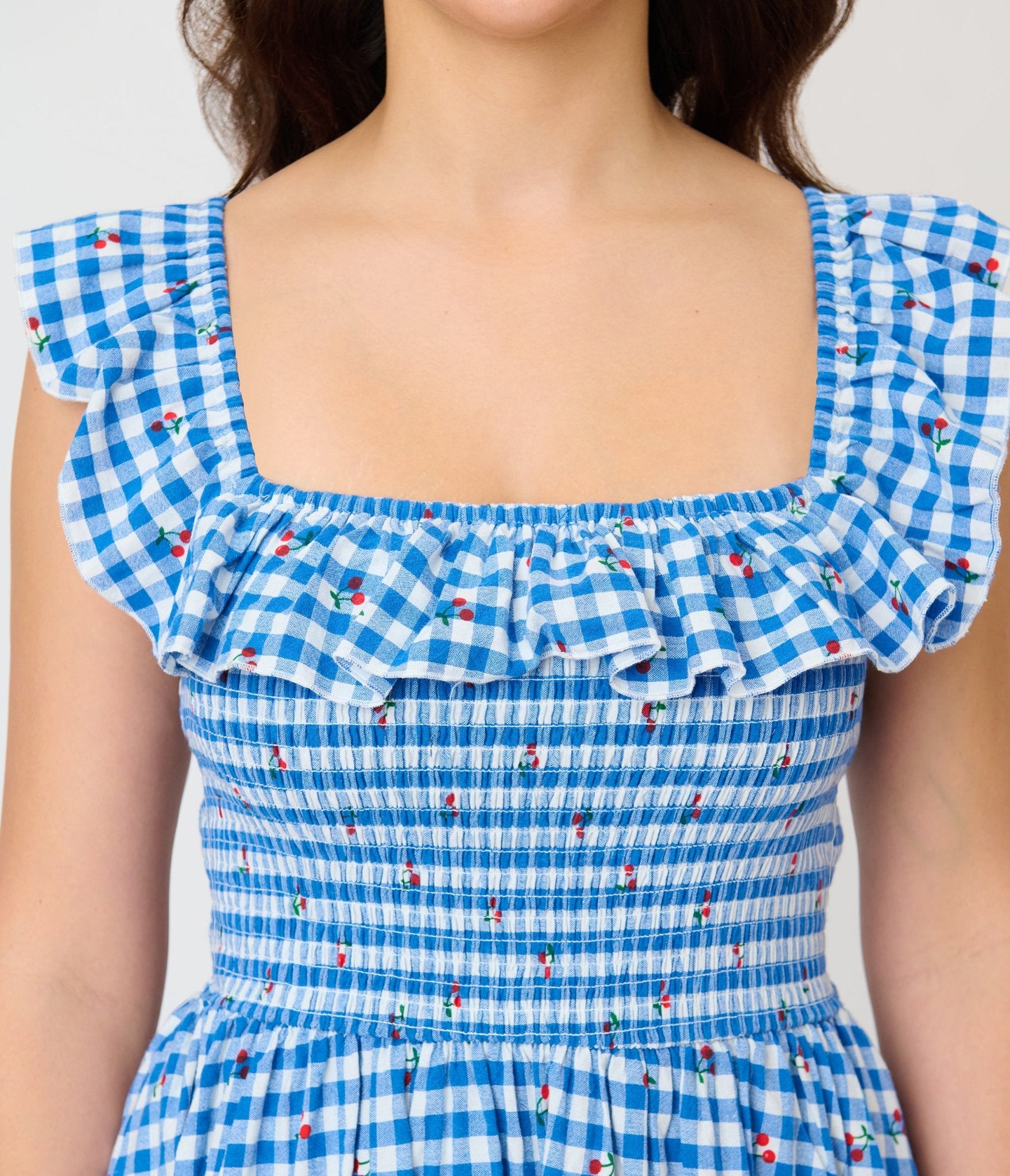 Unique Vintage Blue Gingham & Cherries Midi Dress - Unique Vintage - Womens, DRESSES, MIDI