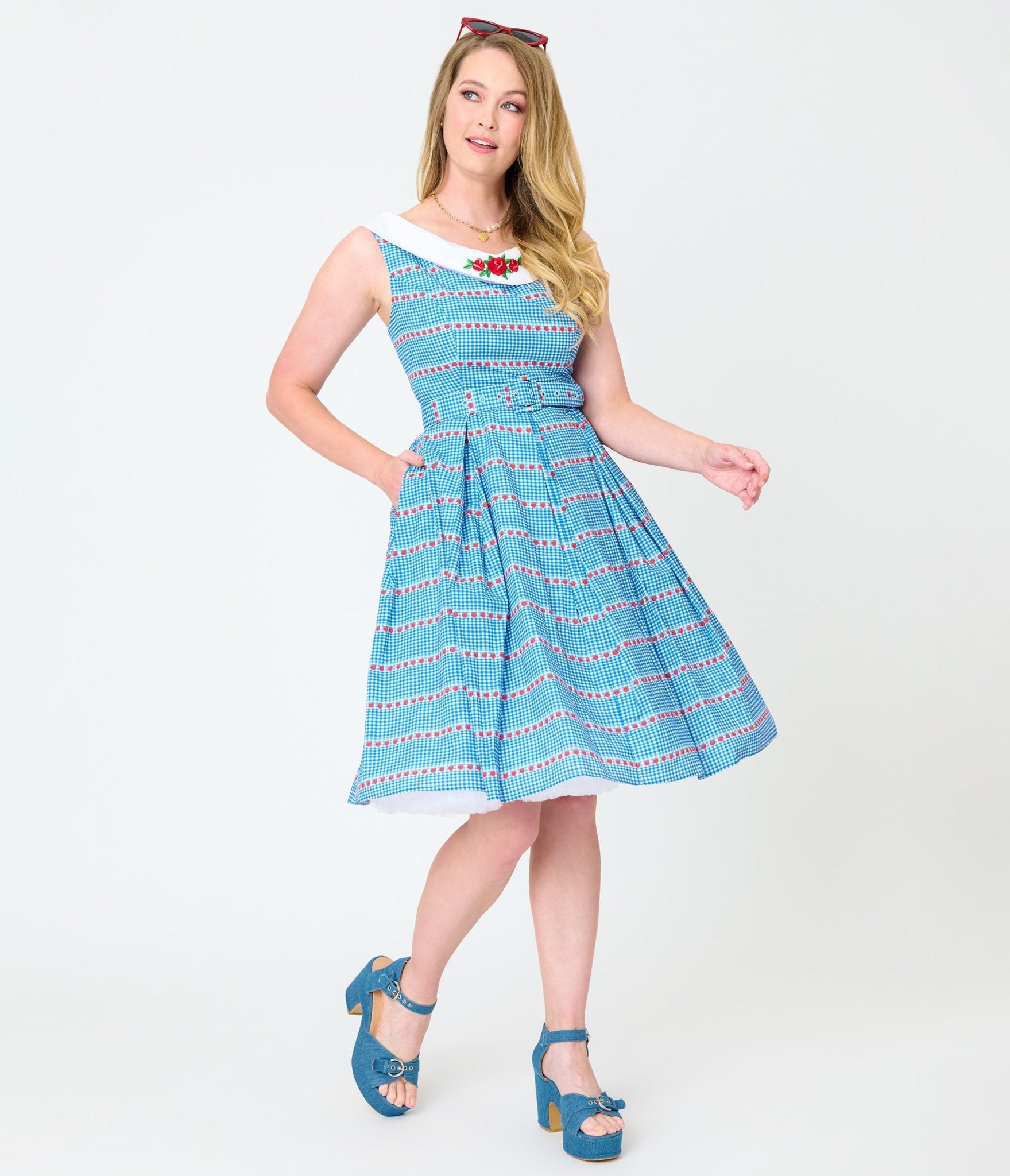 Unique Vintage Blue Gingham & Strawberries Swing Dress