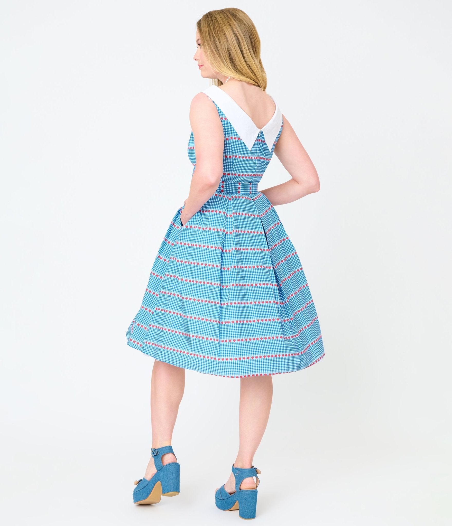 Unique Vintage Blue Gingham & Strawberries Swing Dress - Unique Vintage - Womens, DRESSES, SWING