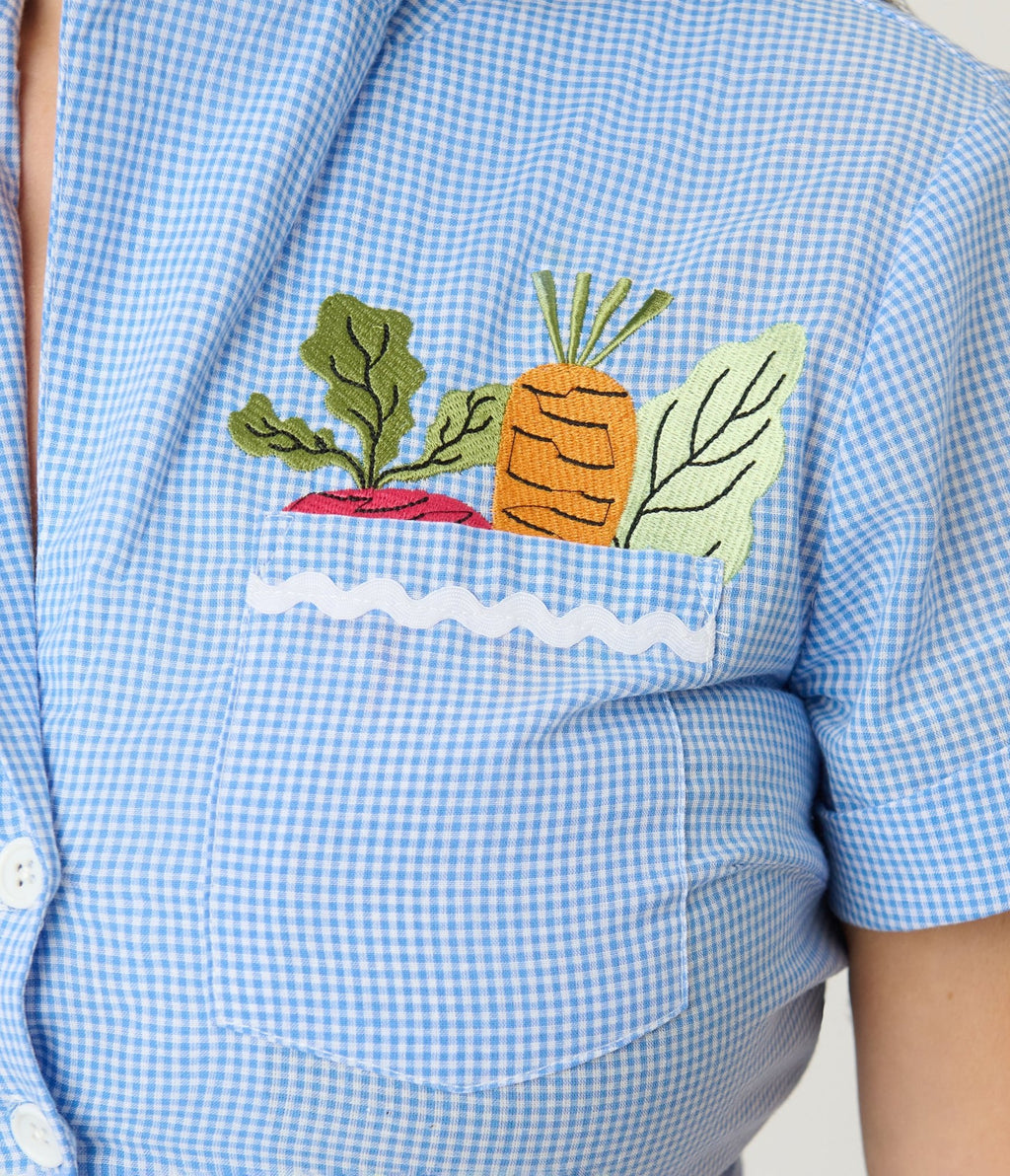Unique Vintage Blue Gingham & Veggie Embroidery Shirley Crop Top - Unique Vintage - Womens, TOPS, WOVEN TOPS