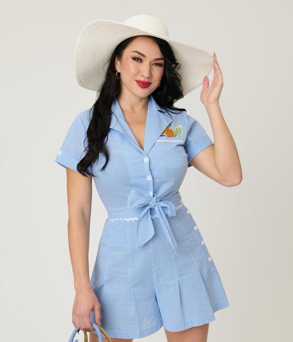 Unique Vintage Blue Gingham & Veggie Embroidery Shirley Crop Top - Unique Vintage - Womens, TOPS, WOVEN TOPS