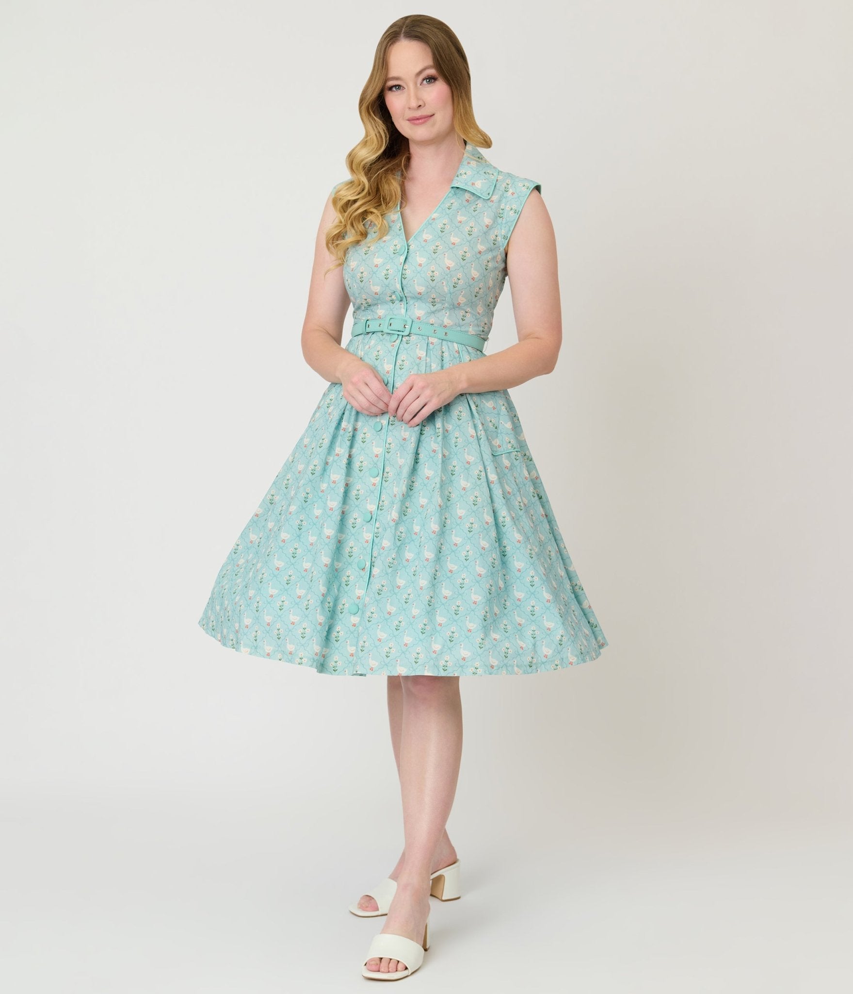 Unique Vintage Blue & Goose Print Cotton Shirt Swing Dress - Unique Vintage - Womens, DRESSES, SWING