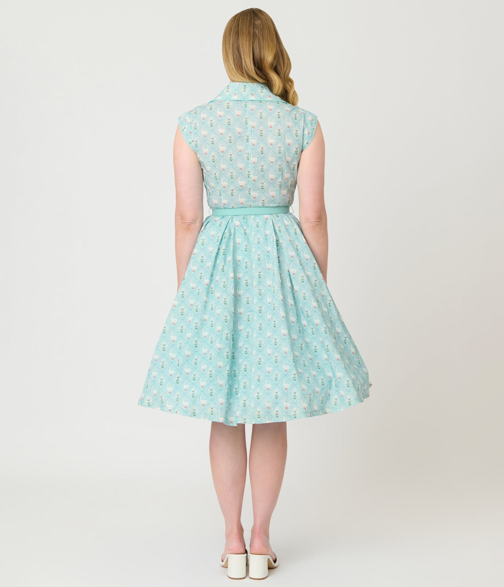 Unique Vintage Blue & Goose Print Cotton Shirt Swing Dress Unique Vintage Blue & Goose Print Cotton Shirt Swing Dress